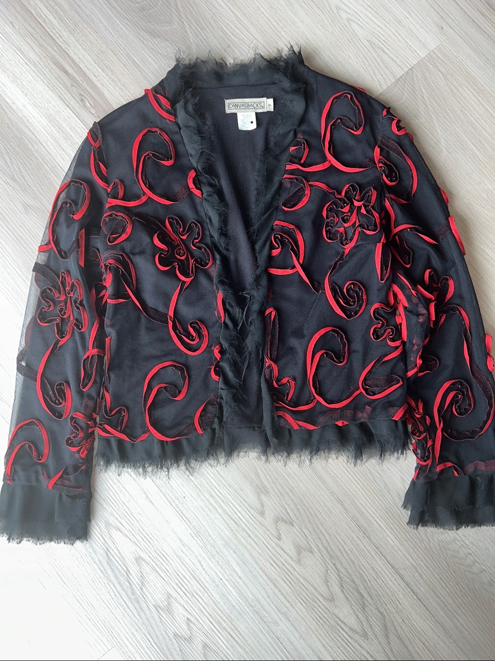 Canvasbacks Mesh Silk Vintage Jacket 8 Red Artsy Floral Formal Fringe Whimsigoth